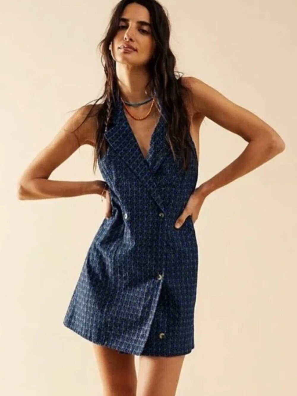 Free People Louie Blazer Blue Printed Cotton Tailored Halter Mini Dress size L